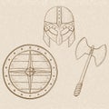 Viking armor set - helmet, shield and axe. Hand drawn sketch on beige background Royalty Free Stock Photo