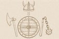 Viking armor set - helmet, shield and axe. Hand drawn sketch Royalty Free Stock Photo