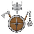 Viking armor set - helmet, shield, flail and axe. Colored hand drawn sketch Royalty Free Stock Photo
