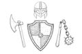 Viking armor set - helmet, shield, flail and axe. Hand drawn sketch Royalty Free Stock Photo