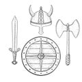 Viking armor set - helmet, shield, sword and axe. Hand drawn sketch Royalty Free Stock Photo