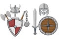 Viking armor set - helmets, shields and sword, axe. Colored hand drawn sketch Royalty Free Stock Photo