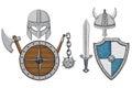 Viking armor set - helmets, shields and sword, axe. Colored hand drawn sketch Royalty Free Stock Photo