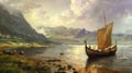 Viking Arrival: Dramatic Painting of Ship Landing on British Shores