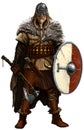 Viking with ax and shield on white.