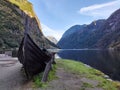 Viking boat close-up, coast of Naeroyfjord, Norway