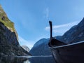 Viking boat close-up, coast of Naeroyfjord, Norway