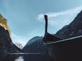 Viking boat close-up, coast of Naeroyfjord, Norway