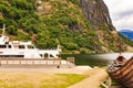 Viking boat and ferry on fjord, Gudvangen Norway Royalty Free Stock Photo