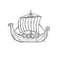 Viking boat. Nordic Drakkar, Swedish warship. Longship with oars