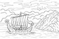 Viking boat at sea. Nordic Drakkar, Swedish warship. Longship with oars. Cartoon scandinavian sailboat for coloring book