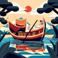 Viking boat on the sea. Vector illustration in flat cartoon style AI Generated Royalty Free Stock Photo