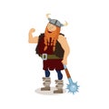 Viking cartoon character. A muscular fat boastful red-bearded ma