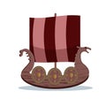 Viking cartoon character. Wooden Viking sail boat. Vector illustration. Flat style.