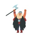 Viking. Cartoon Scandinavian character in military historic costume. Medieval Norwegian warlike barbarian. Shouting