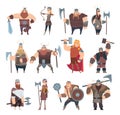 Viking cartoon. Scandinavian mythologyy characters norway costume vikings warrior male and female vector illustrations