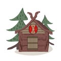 Viking cartoon wooden house in the forest. Vector illustration. Royalty Free Stock Photo