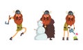 Viking Character Set, Medieval Warrior Cartoon Character Fighting, Making Snowman and Watering Flowers Vector