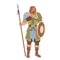 Viking Character Wearing Scandinavian Dressing Holding Shield and Spear. Nordic Mythology Hero, Movie Actor Playing Role Royalty Free Stock Photo