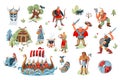 Viking characters and objects set. Medieval Norway people and mythology vector illustration. Ship with warriors, women