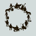 Viking characters Vector Wreath. Black silhouettes