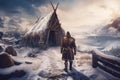 Viking cute person snow settlement. Generate Ai