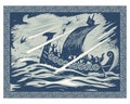 Viking design. Drakkar sailing in a stormy sea. In the frame of the Scandinavian pattern