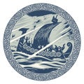 Viking design. Drakkar sailing in a stormy sea. In the frame of the Scandinavian pattern