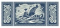 Viking design. Drakkar sailing in a stormy sea. In the frame of the Scandinavian pattern