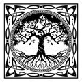 Viking design. World Tree from Scandinavian mythology - Yggdrasil and Celtic pattern, frame. Drawn in Old Norse Celtic