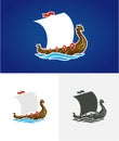 Viking drakkar. Sailing ship floating on the sea waves. Hand drawn design element. Old Russian ship. Vintage vector Royalty Free Stock Photo