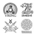 Viking, drakkar and valhalla monochrome isolated logotypes set