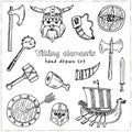 Viking elements. Hand drawn doodle set. Sketches. Vector illustration for design and packages product.