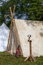 Viking shield leaning against a tent