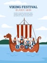 Viking festival poster with warriors in drakkar boat, flat vector illustration.