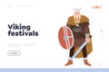 Viking festival landing page template with ancient military knight armored with shield and sword