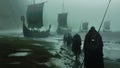 Viking Fleet and Warriors Reaching the Shore in Dense Fog