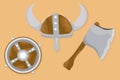 Viking Helmet Shield axe. Game Property Royalty Free Stock Photo