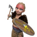 viking girl is attacking with sheild and axe close up view