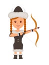 Viking. A girl in costume a viking with a bow and arrow aiming. Isolated character viking on the white background Royalty Free Stock Photo