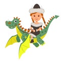 Viking girl sitting on a flying dragon. Isolated character viking and dragon on the white background