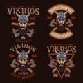 Viking head and crossed axes set of vector emblems, labels, badges or prints in colorful style on dark background Royalty Free Stock Photo