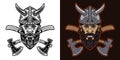 Viking head and two crossed axes vector illustration in two styles black on white and colorful on dark background Royalty Free Stock Photo