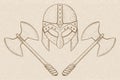 Viking helmet with axes. Hand drawn sketch on beige background Royalty Free Stock Photo