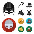 Viking helmet, battle ax, rook on oars with shields, dragon, treasure. Vikings set collection icons in black, flat style Royalty Free Stock Photo