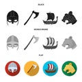 Viking helmet, battle ax, rook on oars with shields, dragon, treasure. Vikings set collection icons in black, flat Royalty Free Stock Photo