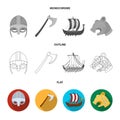 Viking helmet, battle ax, rook on oars with shields, dragon, treasure. Vikings set collection icons in flat,outline Royalty Free Stock Photo