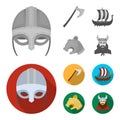 Viking helmet, battle ax, rook on oars with shields, dragon, treasure. Vikings set collection icons in monochrome,flat Royalty Free Stock Photo