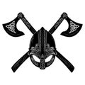 Viking helmet, crossed viking axes and Scandinavian pattern Royalty Free Stock Photo