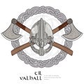 Viking helmet, crossed viking axes and in a wreath of Scandinavian pattern Royalty Free Stock Photo